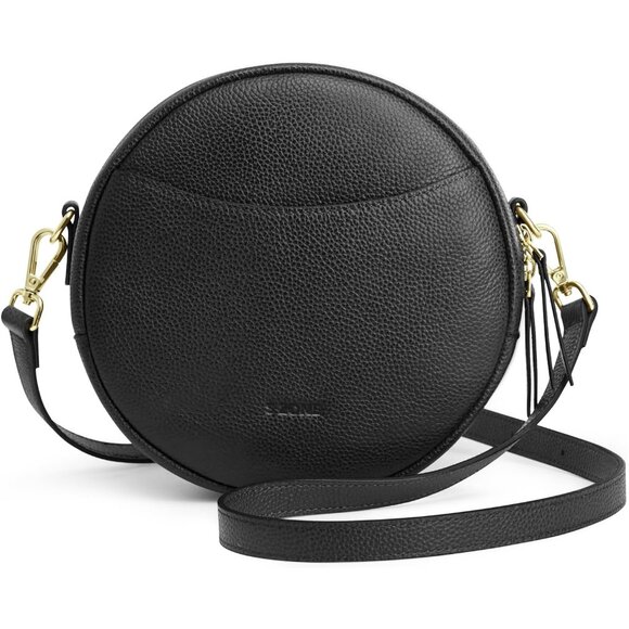 Black Vintage Leather Round Crossbody Bag for Women with Adjustable Strap